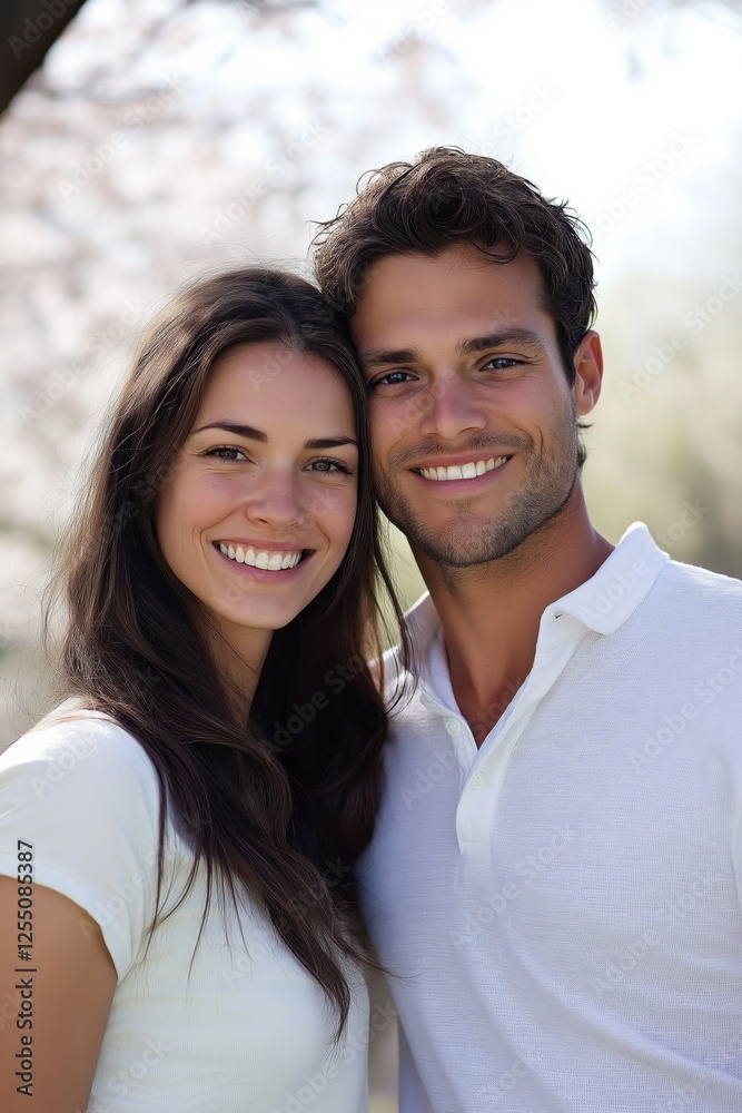 A man and woman are smiling at the camera. The man is wearing a white shirt and the woman is wearing a white dress. They are posing for a picture together A man and woman are smiling at the camera. The man is wearing a white shirt and the woman is wearing a white dress. They are posing for a picture together