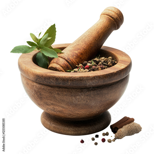 Herbs Ground in Mortar and Pestle, vibrant crushed herbs displayed in a traditional mortar and pestle setup, ideal for culinary and herbal use