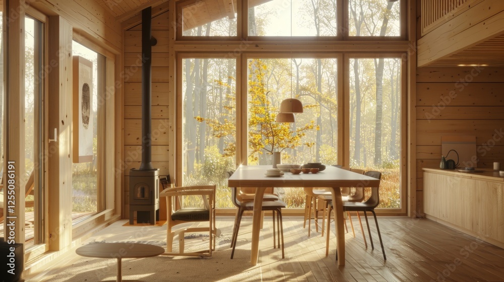 Fototapeta premium Sunlight Illuminates Wooden Cabin Dining Room with Forest View