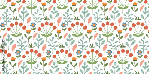 Seamless pattern with spring and summer forest plants and floral elements. Flowers, leaves, grass, branches. Vector background with woodland botanical elements for scrapbooking, textiles.