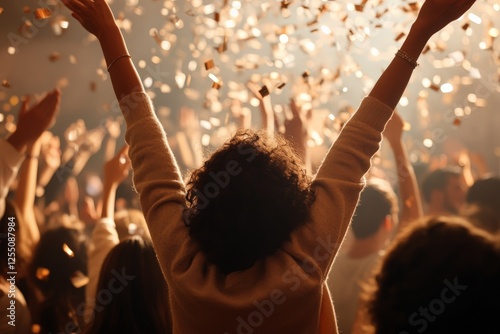 Celebration at night club with people dancing and confetti falling from the ceiling