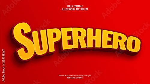 Editable Superhero 3D Text Effect with Bold and Playful Typography in Vibrant Yellow and Red on a Dynamic Background.