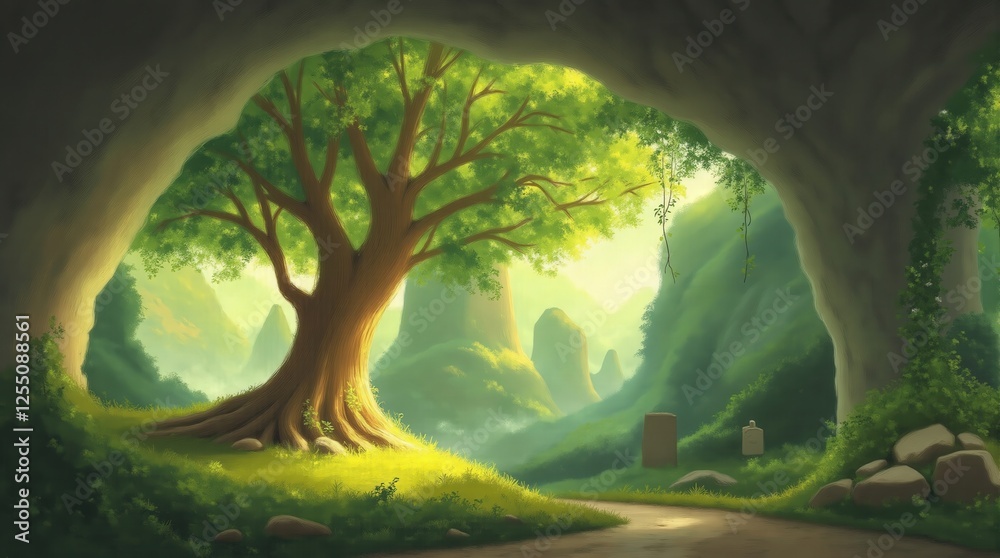 Naklejka premium A serene landscape featuring a majestic tree illuminated by warm sunlight, surrounded by lush greenery in a tranquil cave setting. Perfect for nature-themed projects