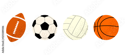 Collection of balls for different sports and recreational activities. Vector balls for football, basketball, volleyball, American football. Set equipment for sports games on white background.