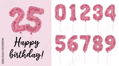 Set pink numbers from 0 to 9. Holiday set for party, birthday, anniversary. Balloons in form numbers for postcards, posters, congratulations.