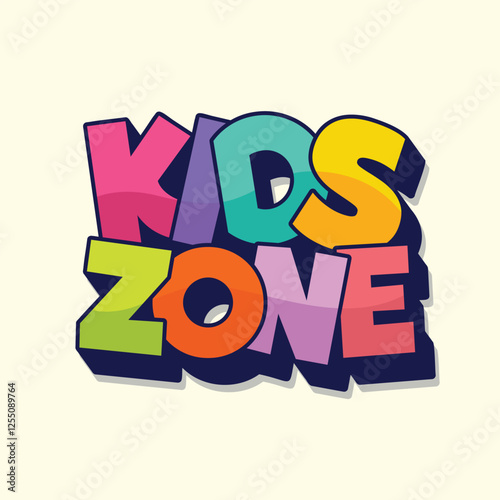Kids zone logo with colorful cartoon font for children area playground or playroom. Fun and game playroom editable bubble letters vector illustration. Comic style typography sticker.