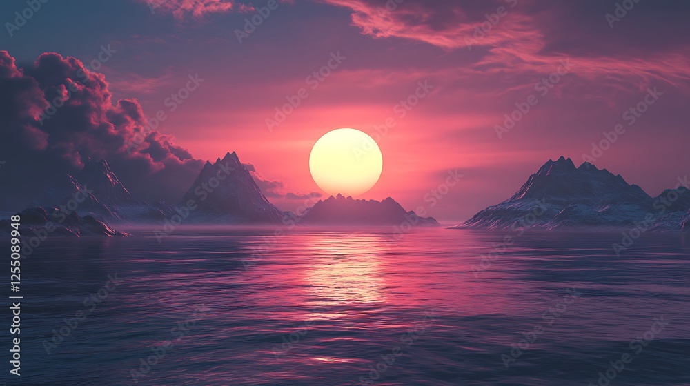 Dramatic sunset over a calm sea with snow-capped mountains. Dramatic sunset over a calm sea with snow-capped mountains.