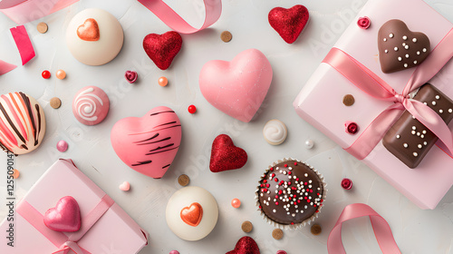 Delightful chocolates and heart shaped treats create festive Valentines atmosphere