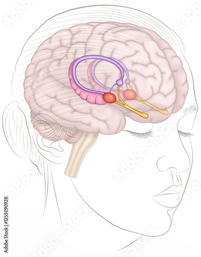 Illustration of a female human head showing the brain and the structure of the amygdala, part of the limbic system, which regulates emotions, fear, and aggression. photo