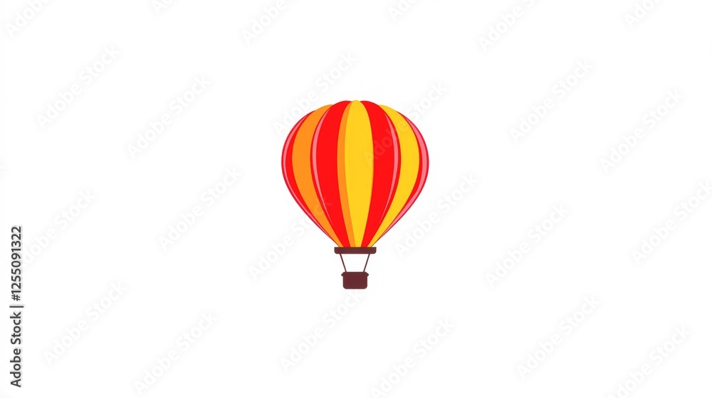 Fototapeta premium A vibrant hot air balloon with red and yellow stripes against a white background, ideal for travel, adventure, or festival-themed projects, It adds a cheerful touch to designs and promotions,