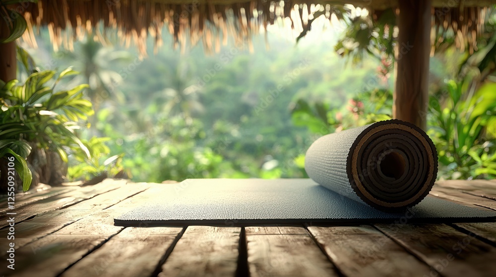 A serene yoga mat unrolled on a wooden deck, surrounded by lush greenery, inviting tranquil moments for relaxation and meditation amidst nature's beauty. A serene yoga mat unrolled on a wooden deck, surrounded by lush greenery, inviting tranquil moments for relaxation and meditation amidst nature's beauty.