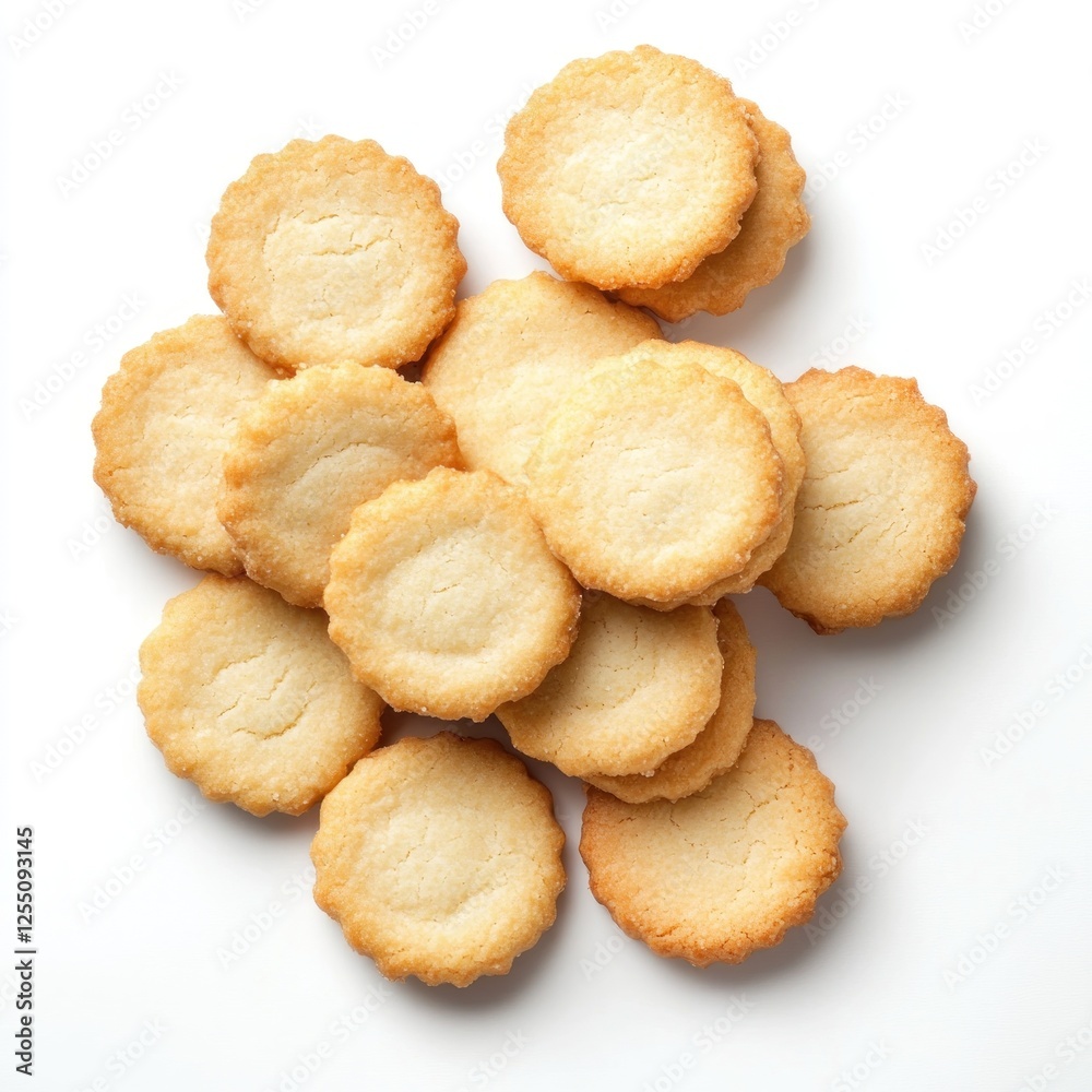 Round crackers, overhead shot, white background, food photography, snack