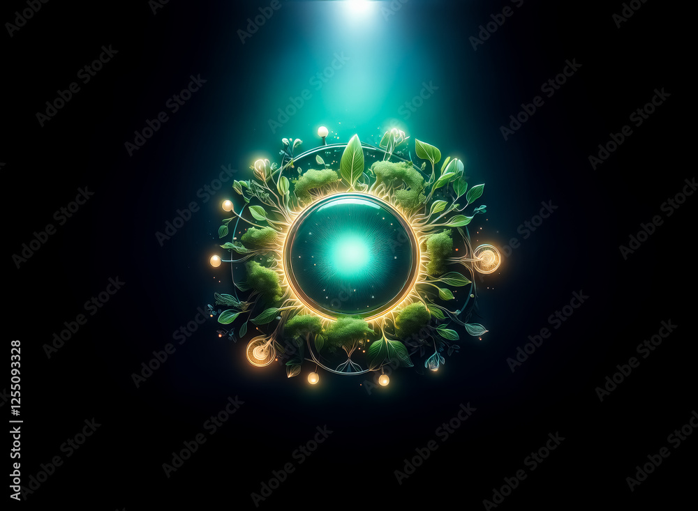 A luminous orb radiates light surrounded by foliage, creating a vibrant ecosystem in the darkness. Glowing particles enhance the mystical and organic feel of this central, illuminated sphere. A luminous orb radiates light surrounded by foliage, creating a vibrant ecosystem in the darkness. Glowing particles enhance the mystical and organic feel of this central, illuminated sphere.