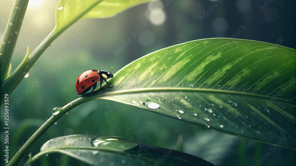Ladybug on dewy leaf with morning sunlight Ladybug on dewy leaf with morning sunlight
