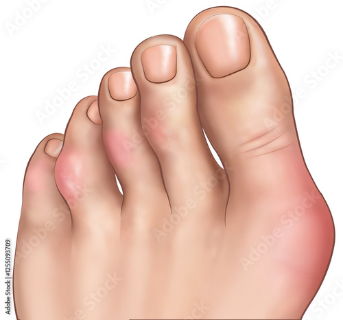 Illustration of the foot affected by Gout, this is an inflammatory arthritis, caused by elevated uric acid, causing pain, swelling, and redness, mainly affecting the big toe. photo