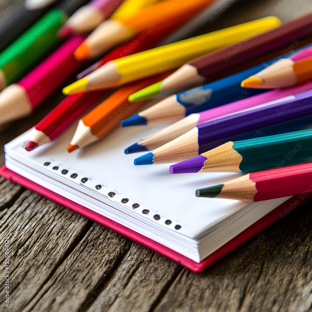 Naklejka premium Colorful Pencils on Sketchbook: A vibrant collection of colored pencils arranged on a sketchbook resting on rustic wooden texture, capturing the essence of creativity and artistic inspiration.
