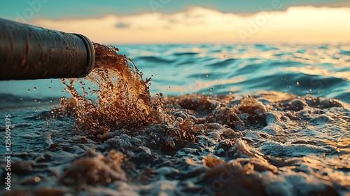 Polluted water pipe discharging brown waste into the sea, highlighting environmental concerns.  
 photo