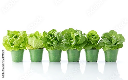 Fresh Lettuce Plants in Pots, Isolated White Background, Home Gardening Concept photo