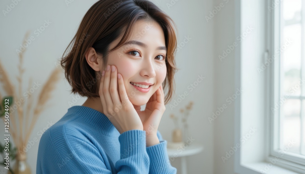 Charming Young Woman with Short Hair Touching Her Face in a Softly Lit Room by the Window Charming Young Woman with Short Hair Touching Her Face in a Softly Lit Room by the Window