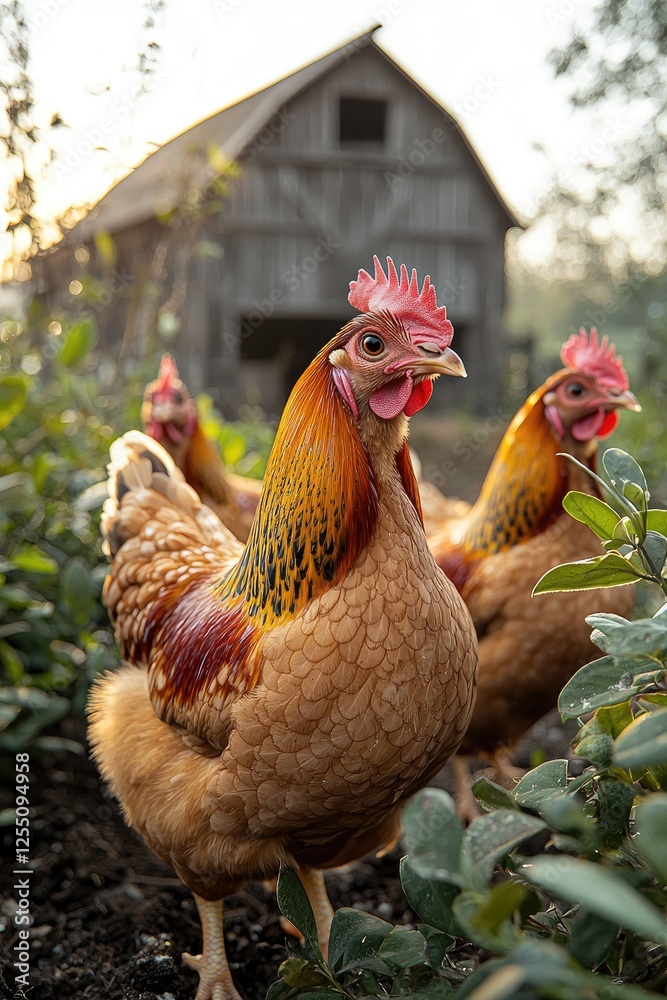 Fototapeta premium Golden hens stand near rustic barn at sunrise