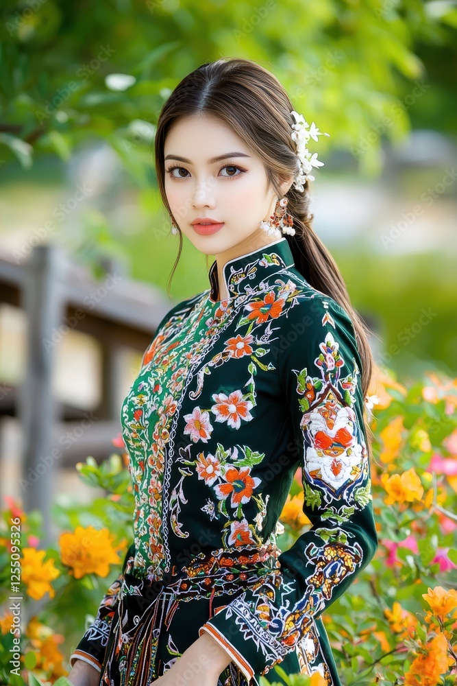 Elegant young woman wearing traditional attire surrounded by vibrant flowers in a serene outdoor setting Elegant young woman wearing traditional attire surrounded by vibrant flowers in a serene outdoor setting