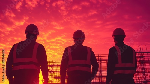 Workers silhouetted against a vibrant sunset, observing construction site activity with a backdrop of colorful clouds.