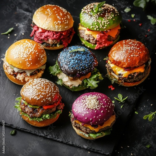 Wallpaper Mural Colorful gourmet burgers on slate, dark background, food photography, menu use (2) Torontodigital.ca