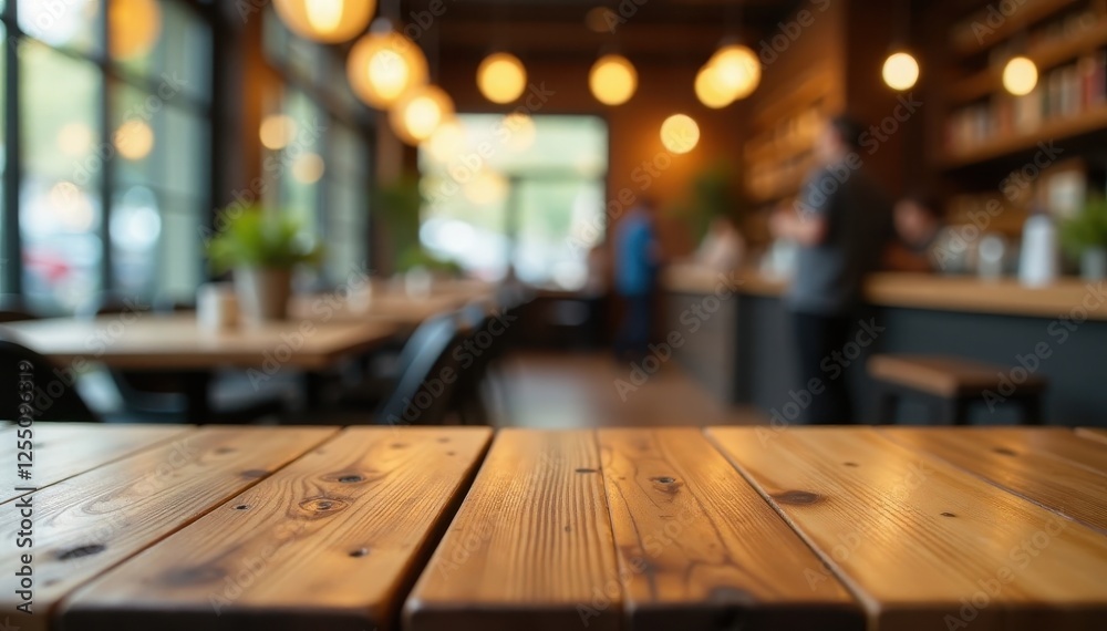 Empty wooden table; abstract coffee shop blur, warm, cozy Empty wooden table; abstract coffee shop blur, warm, cozy