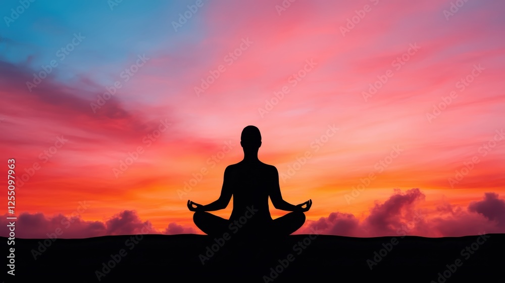 A silhouette of a person meditating against a vibrant sunset sky, evoking peace and tranquility. A silhouette of a person meditating against a vibrant sunset sky, evoking peace and tranquility.