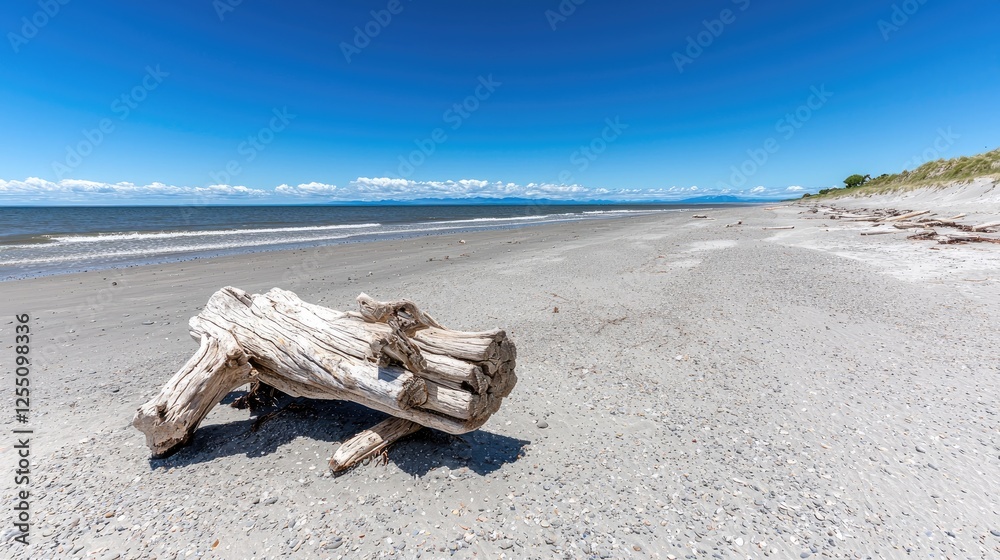 Sandy beach with driftwood under a clear sky. Possible use Nature photography Sandy beach with driftwood under a clear sky. Possible use Nature photography