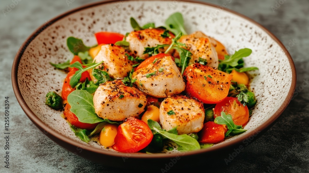 A vibrant bowl of grilled scallops on a bed of fresh greens and cherry tomatoes, garnished with herbs and spices. A vibrant bowl of grilled scallops on a bed of fresh greens and cherry tomatoes, garnished with herbs and spices.