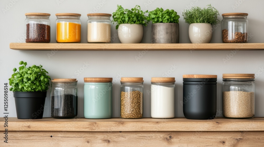 A neat arrangement of jars filled with various ingredients and plants, displayed on wooden shelves, creating a cozy kitchen atmosphere. A neat arrangement of jars filled with various ingredients and plants, displayed on wooden shelves, creating a cozy kitchen atmosphere.