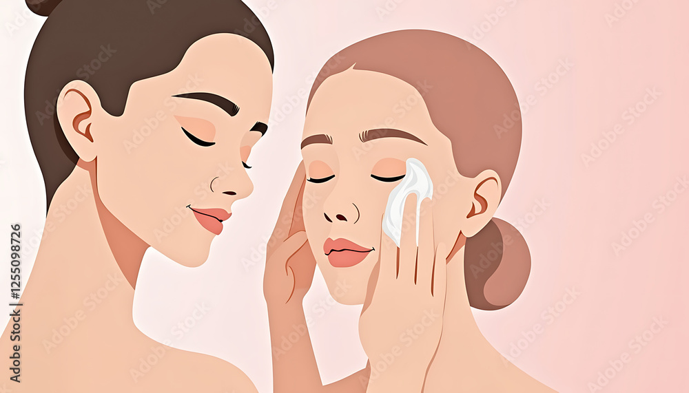Women caring for each other while applying skincare against a pink background Women caring for each other while applying skincare against a pink background