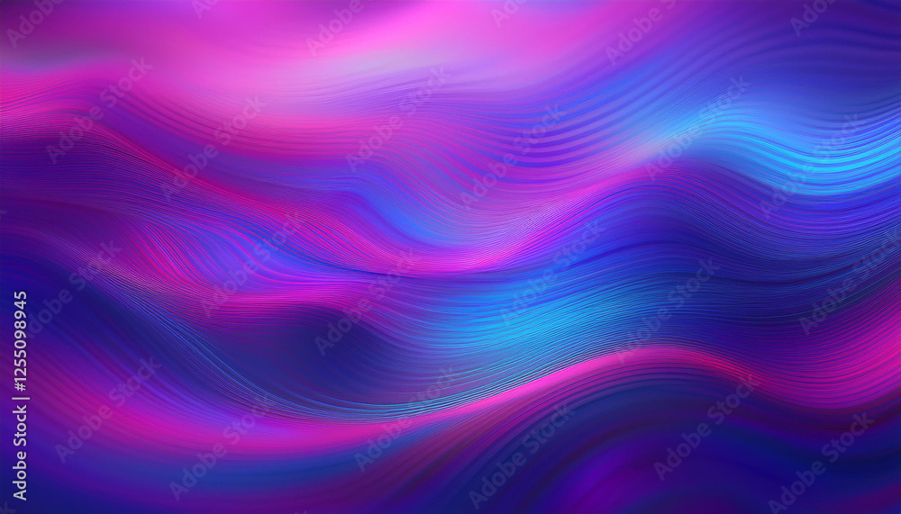 Obraz premium Neon abstract ripple texture. Blur purple blue fluorescent color gradient. Defocused glow. Iridescent wave. Light curve lines background. Copy space.