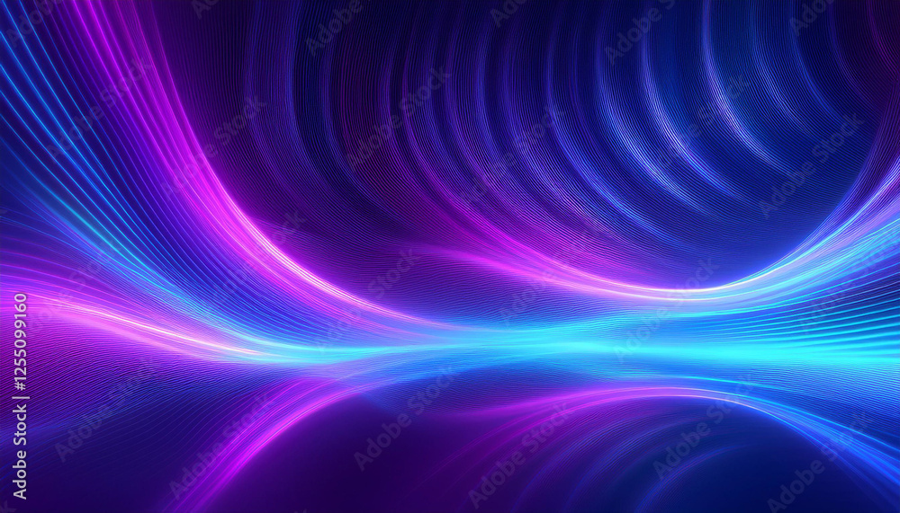 Obraz premium Neon ripple pattern texture. Blur purple blue fluorescent lights color gradient. Defocused glow. Iridescent wave. Light curve lines abstract background. Copy space.