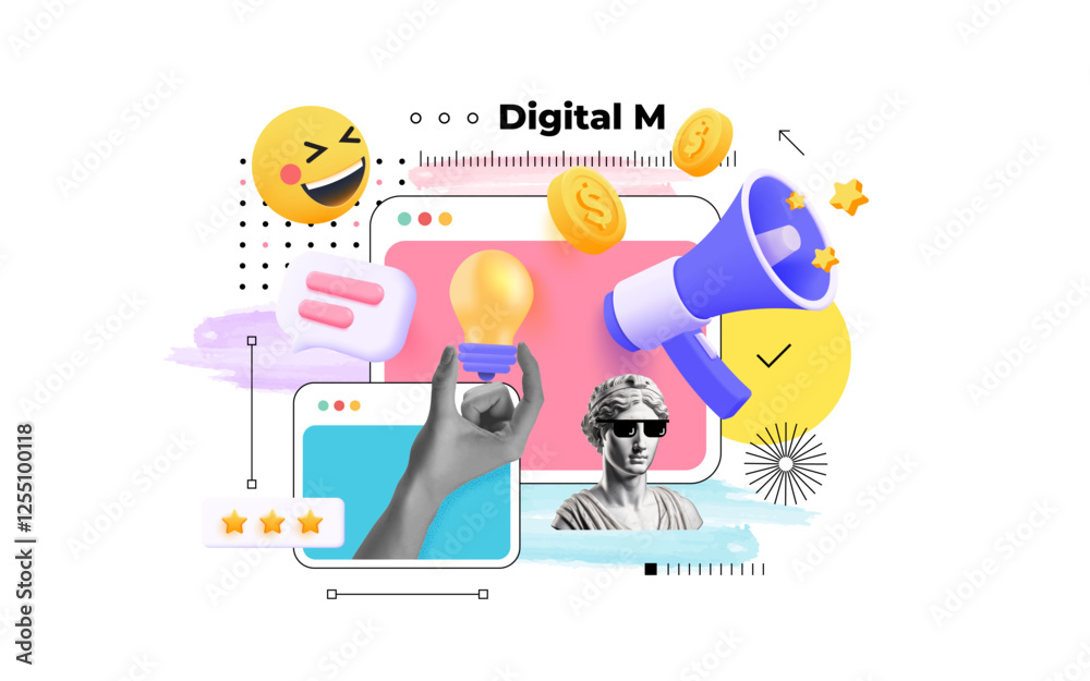 Trendy halftone Digital Marketing concept collage. Idea concept, web promotion. Trendy modern retro illustration. Business concept, advertising, online promotion. Vector illustration