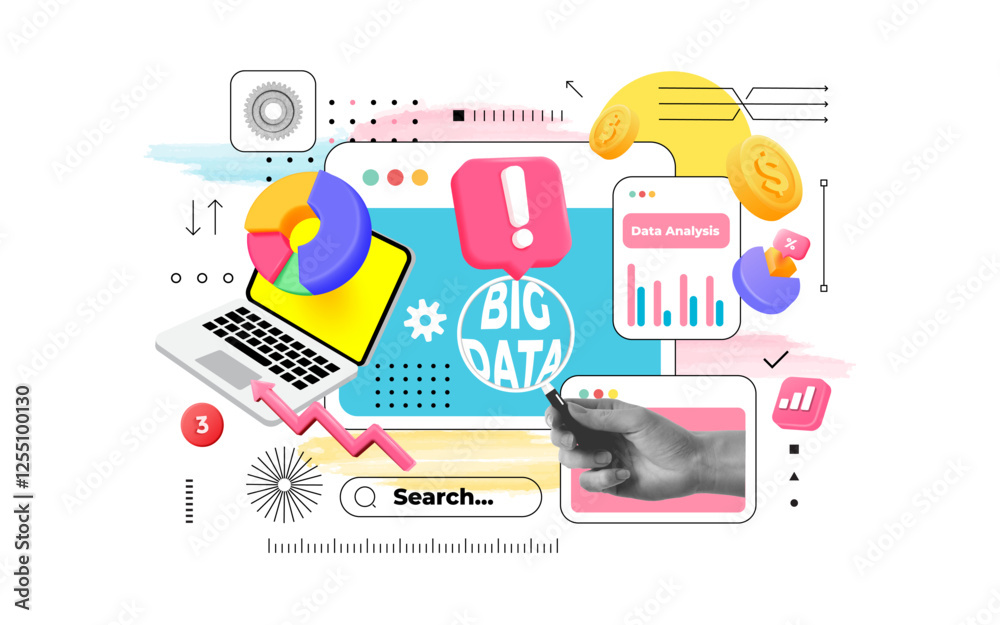 Halftone data analysis and statistics collage set. Trendy collage design with hand drawn elements for poster in trendy halftone style Business data and market concept.  Vector illustration