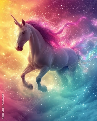 A whimsical pastel rainbow unicorn background, Ethereal Galaxy Fantasy Art Unicorn Gallops Through a Dreamlike Scene