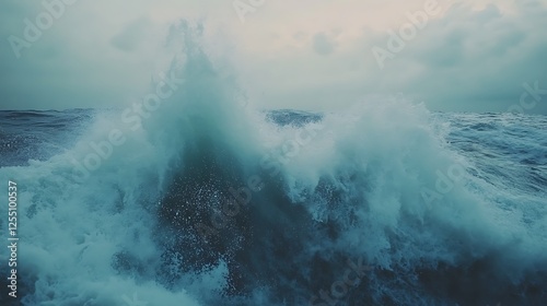 Powerful ocean wave crashing, sea foam, turbulent water, stormy weather.