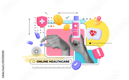 Online Healthcare concept. Banner for social media and website. Halftone collage elements. Vector illustration