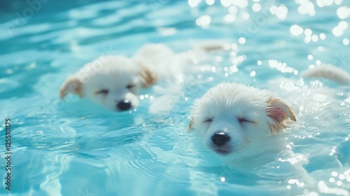 Adorable White Puppies Swimming Pool Summer Fun Water Play photo