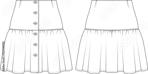 tailored darted buttoned short mini mid rise mid waist frilly frilled gathered flared a line skirt template technical drawing flat sketch cad mockup fashion woman design style model 
