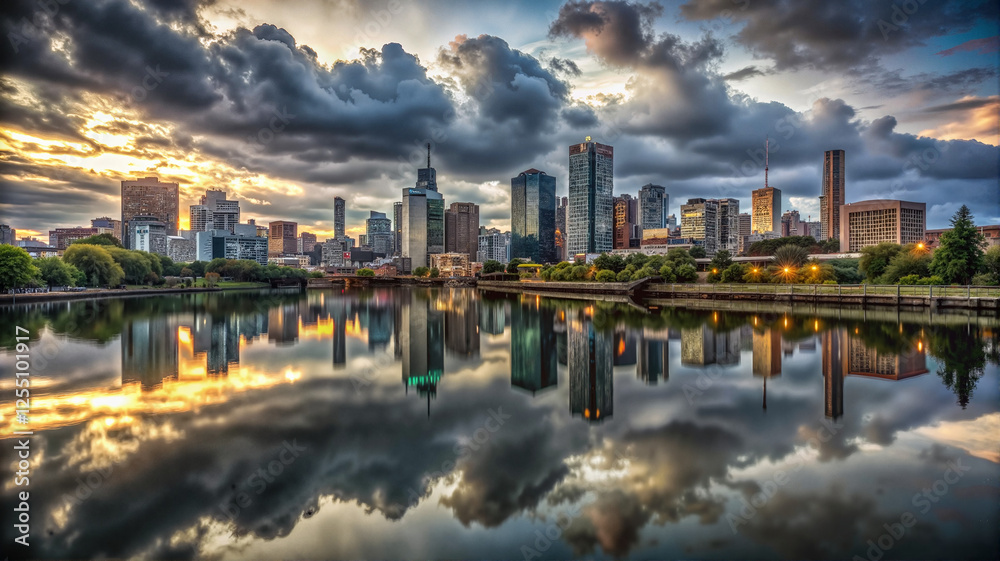 Fototapeta premium City skyline with dramatic clouds and river reflections