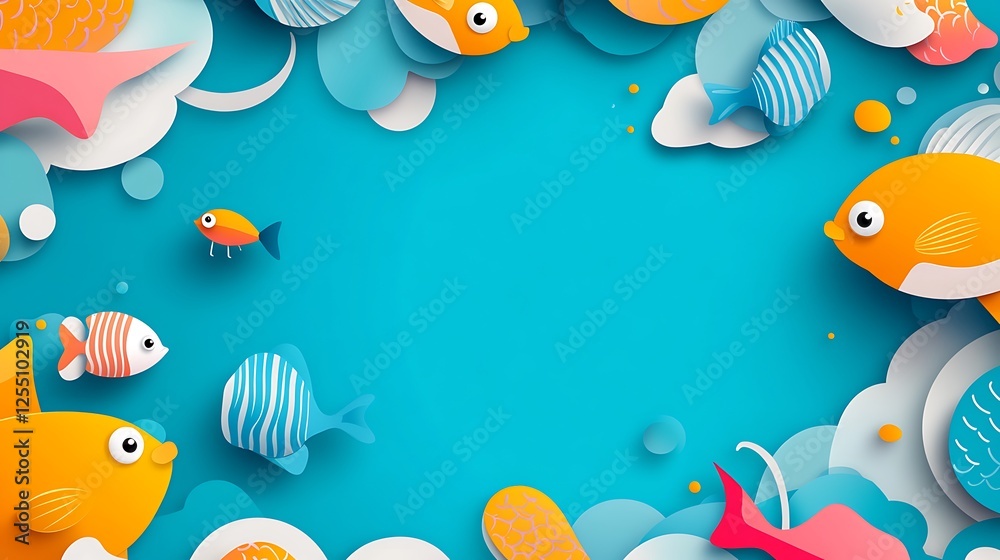 Naklejka premium Cartoon fish underwater frame, bright colors, background, decorative border, social media, digital art