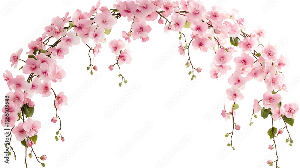 Fototapeta premium Pink orchid blossoms arching gracefully on white background.