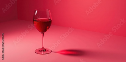 Single red wine glass casts deep shadow, clean background, dark, object