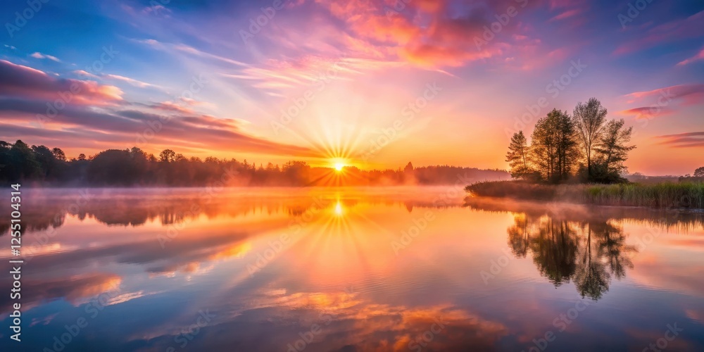 A sunbeam stretching across a calm lake on a misty morning with the sky painted with hues of pink and orange, lake, natural beauty A sunbeam stretching across a calm lake on a misty morning with the sky painted with hues of pink and orange, lake, natural beauty