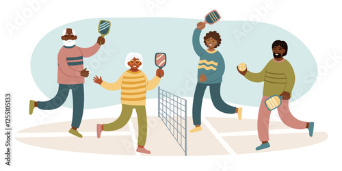 Pickleball concept banner. Two couples playing pickleball on the court. Concept of active lifestyle, sport, wellbeing, leisure activity and outdoor recreation. Vector flat background.