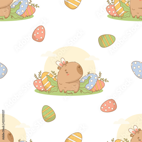Easter Seamless pattern with cute Capybara Bunny in grass with paschal Eggs on white background. Holiday kawaii character. Vector illustration. Kids collection