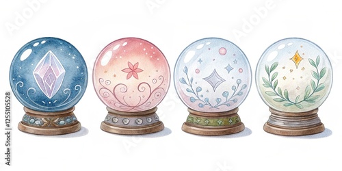 set Watercolor Crystal Ball Clipart - Detailed Artistic Illustration on White Background